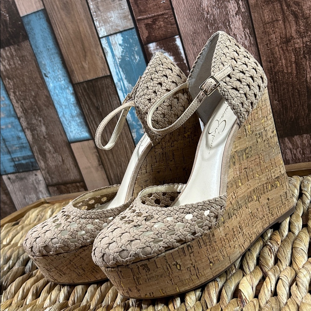 Jessica Simpson Beige Woven Cork Platform Wedges